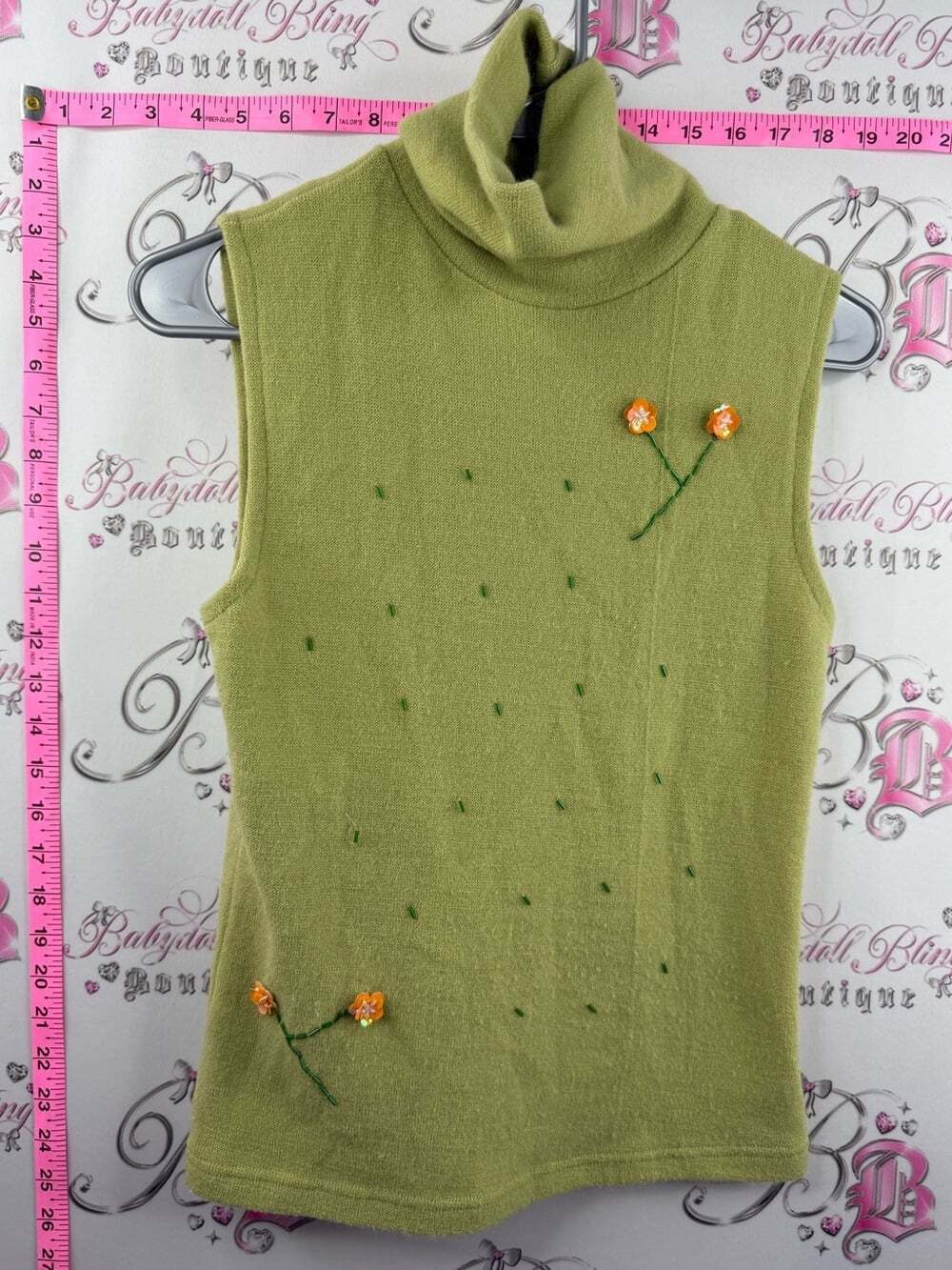 SO NICE tank Sleeveless Cowl-Turtleneck Sweater 3D Orange Floral Appliqués Green